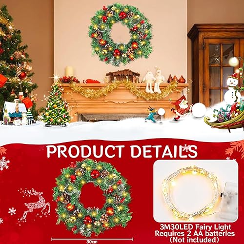 AOUVT Couronne de Noël LED 30 cm - Couronne Décorative de l'Avent Suspendue Artificielle - Décoration de Porte - Nail Gallerys