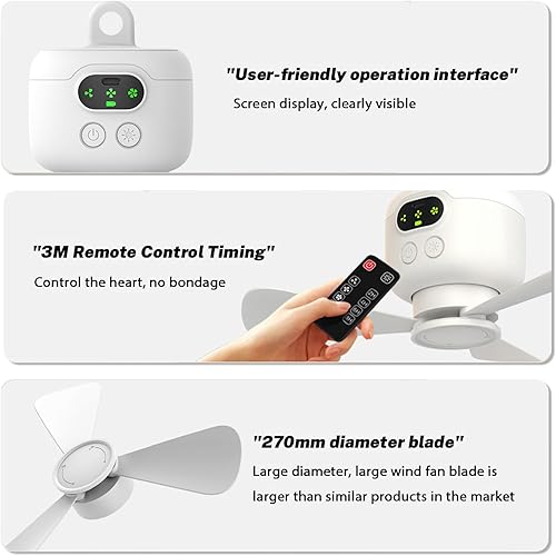 Kouamor Mini ventilateur de plafond rechargeable USB de 26,9 cm 4 W, 3 vitesses, mini ventilateur de plafond USB, ventilateur de plafond avec veilleuses et télécommande, pour tente, randonnée, camping - Nail Gallerys