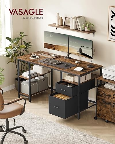 VASAGLE Bureau d’Ordinateur, Table avec Rangement, 3 Étagères, 2 Tiroirs, 60 x 140 x 76 cm, pour Bureau, Salon, Style Industriel, Marron Rustique et Noir Mat LWD104B01 - Nail Gallerys