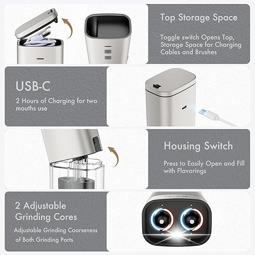 Sangcon Ensemble de moulins à sel et à poivre électriques 2 en 1 - Rechargeable par USB - Moulin à sel et à poivre - Double en un - Rechargeable automatique - Broyeur en céramique avec lumière - Nail Gallerys