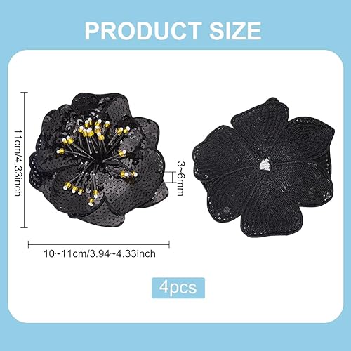 BENECREAT 4 pièce Patch Perlé à Paillettes et Fleurs 3D, Applique de Motifs Décorés de Fleurs, 11x10cm, pour Vêtements, Broche Cousue sur Patch Brodé, Noir - Nail Gallerys