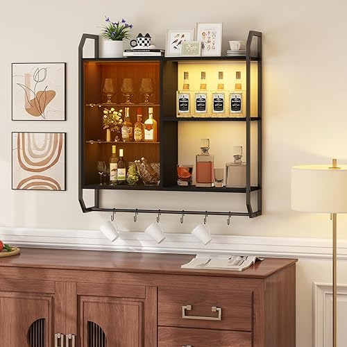 YU YUSING Étagère Vitrine Murale Flottante en Métal avec LED 7 Couleurs, Bibliothèque Suspendue 2 Supports en Verre Trempé, 8 Crochets, Meuble Collection, Cuisine, Salon, Bar Industriel Hexagone Noir - Nail Gallerys