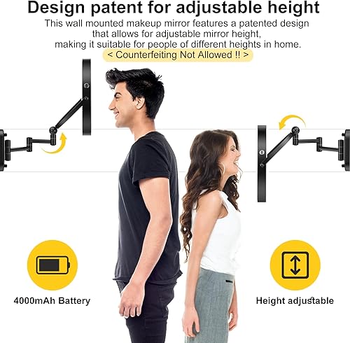 IMIKONA Miroir de maquillage mural lumineux de 22,9 cm, 4 000 mAh rechargeable, double face, miroir grossissant 1x/10x avec lumière, 3 lumières de couleur, intensité tactile, bras étendu et rotation à - Nail Gallerys