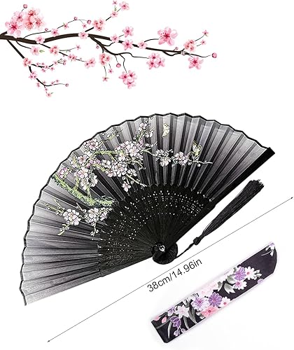 Zeayebsr 1PCS Éventail à Main Pliable pour Femmes Livré avec 1 Sac de Rangement, Éventail Pliant à Main Vintage Éventail en Bambou Noir Éventail à Fleurs pour Musique de Danse Festival Mariage Fête - Nail Gallerys