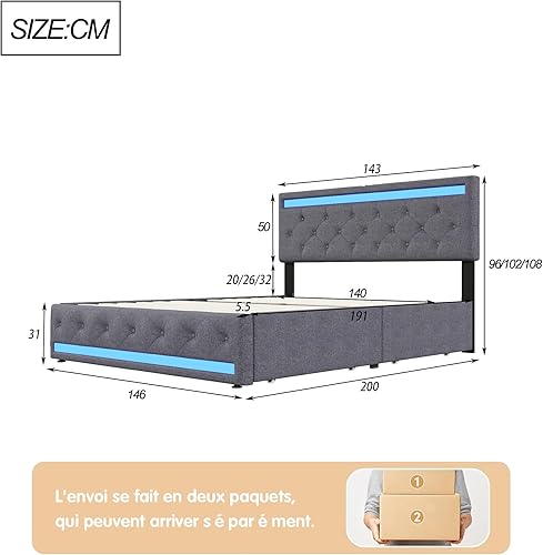 TIMORWTF Cadre de Lit 140x200 avec LED et USB,Lit Coffre 140x200 avec 4 Tiroirs Rangement et Tête de lit rembourrée,Lits Double avec Sommier à Lattes, Lits 2 Personnes pour Adultes, Lin Beige - Nail Gallerys