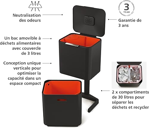 Joseph Joseph Totem Max - Poubelle de cuisine pour le tri et le recyclage des déchets, avecBac à compost et filtre anti-odeurs remplaçable, capacité 60 litres, Gris/Bleu - Nail Gallerys