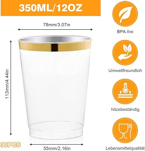 YWKJDDM Lot de 30 gobelets en plastique avec bord doré, réutilisables, élégants, pour fête, anniversaire, mariage, cocktail, boisson (360 ml) - Nail Gallerys