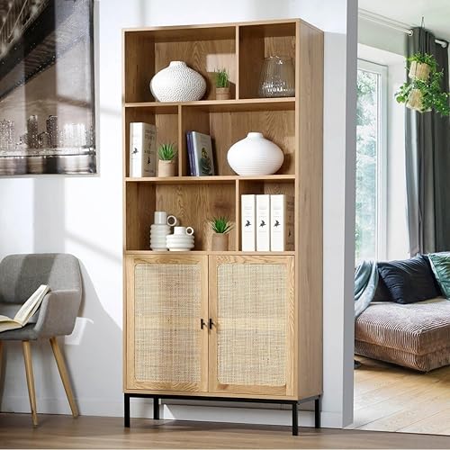 CALICOSY - Bibliothèque 6 Cases 2 Portes Rotin - Décor Bois - Panneaux Particules - Finitions Métal - Étagères, Placards - Séjour, Salon, Chambre - Design Industriel, Exotique - L 80 x P 35 x H 175 cm - Nail Gallerys