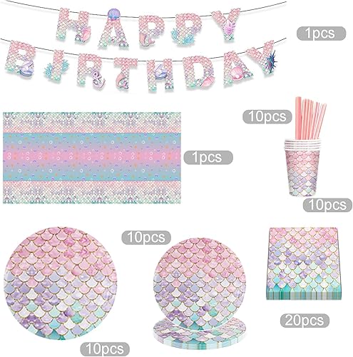 Hoshisea 62 Pièces Ensemble de Fête Sirène - Vaisselle et Kit pour Anniversaires et Célébrations à Thème Marin - Nail Gallerys