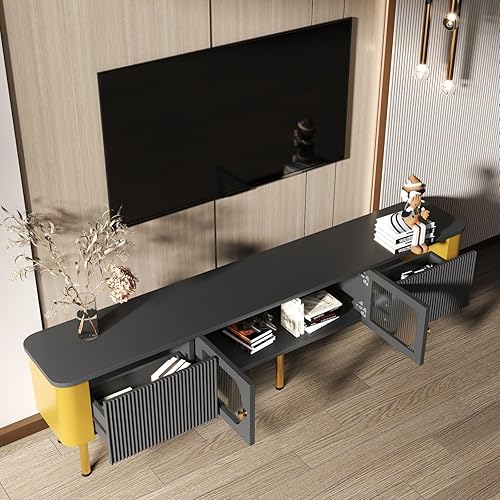 KOMHTOM Meuble TV Moderne avec 2 Portes et 2 Tiroirs, Meuble de Rangement avec Poignées et Pieds de Support dorés, 170x45x50cm (Blanc) - Nail Gallerys