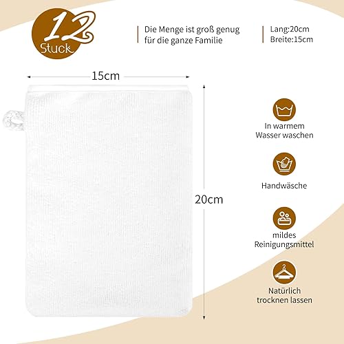Teruntrue Lot de 12 gants de toilette en tissu éponge de qualité supérieure - 15 x 21 cm - Gants de toilette pour le visage - Absorbants - Avec boucle - Doux et écologiques - Blanc - Nail Gallerys