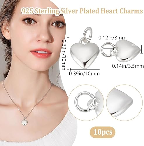 Beebeecraft 925 breloque en Forme de Petit Cœur en Laiton Plaqué Argent Sterling 3D en Forme D'Amour pour la Fabrication de Bijoux de Collier et de Bracelet (10x10x3.5mm) - Nail Gallerys