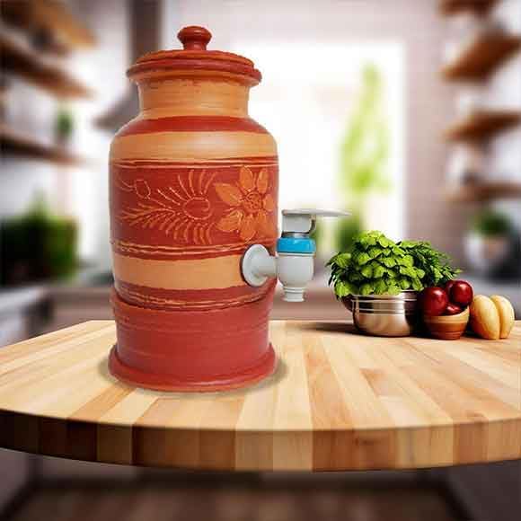 Petit distributeur d'eau en argile naturelle 100 % fait à la main avec support, réservoir de cuisine en faïence, décoration de table avec robinet - Nail Gallerys