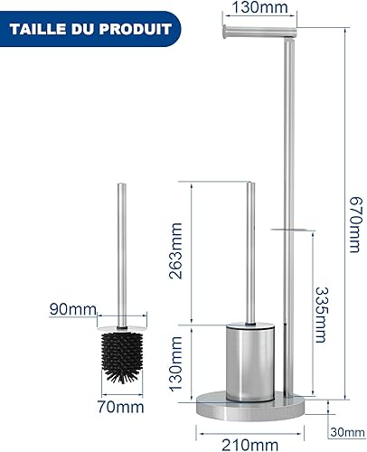 KeZaara Porte Papier Toilette sur Pied, Support Papier Toilette Debout avec Brose WC, avec 2 Têtes de Brosse Interchangeables, Hauteur 70 cm, Acier Inoxydable, Argenté - Nail Gallerys