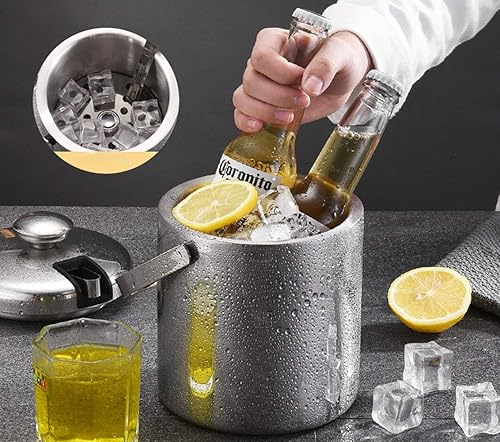 Seau à glace en acier inoxydable avec couvercle, pince et passoire, fabriqué en acier inoxydable 304 de qualité alimentaire à double isolation avec poignée de transport (1,3 l) - Nail Gallerys