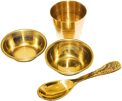 INDACORIFY Pooja Thali plaqué 5 pièces ensemble 2 katori 1 verre et 1 cuillère et belle finition Thali merveilleuse avec polissage pour cadeau de temple à la maison - Nail Gallerys