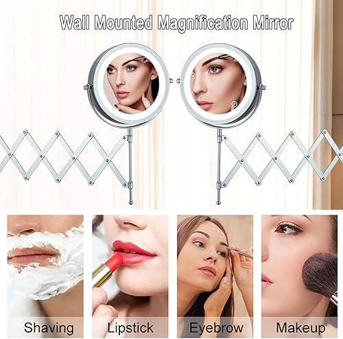SWHC Miroir Grossissant Lumineux Mural, Miroir Maquillage Extensible Miroir Cosmétique Double Face Miroir de Rasage 360° Pivotant Mirroir Murale Gradation Tactile, USB Rechargeable - Nail Gallerys