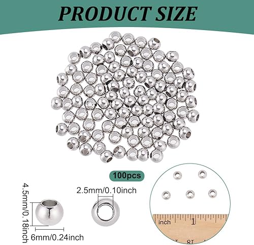 NBEADS 100 Pcs Perles Européennes en Acier Inoxydable, Perles à Grand Trou Perles D'Espacement Perles Lisses Rondes en Métal pour la Fabrication de Bijoux de Bracelet Collier, 6x4.5mm, Trou: 2.5mm - Nail Gallerys