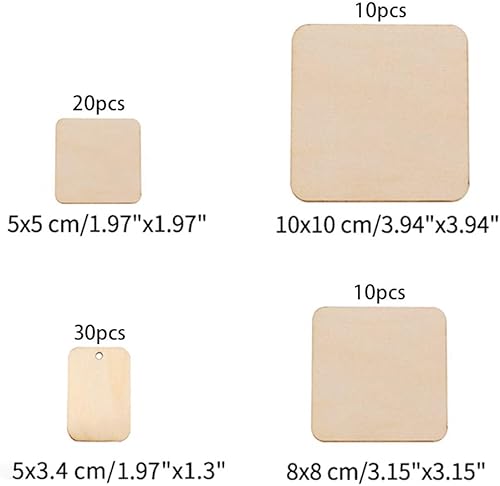 Thinkingwings Lot de 65 carrés de bois non peints, 4 tailles, y compris 25 pièces avec trous, plaques carrées en bois pour pyrogravure, décorations suspendues, festivals et décorations de fête - Nail Gallerys