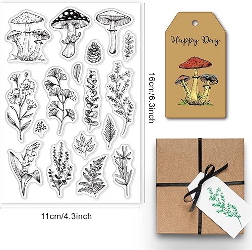 craspire Tampons Transparents en Forme de Champignon pour la Fabrication de Cartes Fournitures de Scrapbooking, Pommes de Pin Tampons Clairs Fleur Lis Ginkgo Feuilles Tampons Transparents - Nail Gallerys