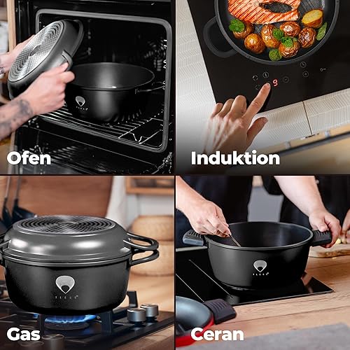 TLESS® Cocotte 2 en 1 en fonte d'aluminium avec couvercle - Passe au four - Sauteuse et cocotte ou comme marmite pour induction - Très légère et résistante - Ø 28 cm - 6 litres - Noir - Nail Gallerys