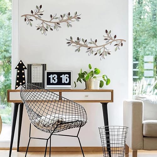 PRATYAHARA Décor Mural de Feuille d'arbre en Métal, 2 Pièces d'art Mural de Feuille de Branche D'Olivier de Vigne, Sculptures en Fer Forgé, Panneau à Suspendre,A - Nail Gallerys