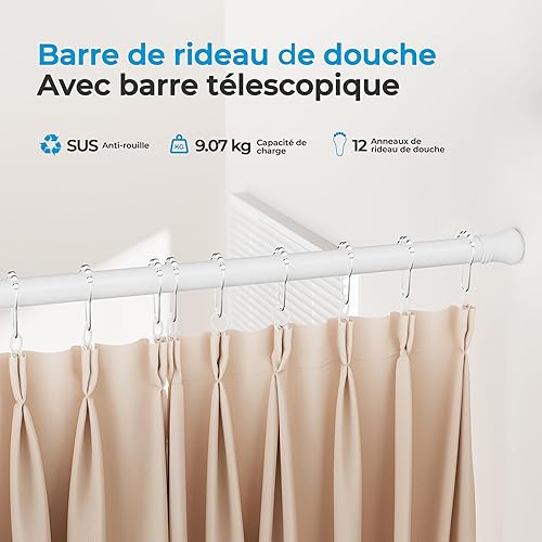 Heilmetz Tringle rideau sans percage,extensible,110-160cm,tringle rideau douche, avec 12 anneaux pour rideau de douche, autobloquante, antidérapant, barre de rideau de douche (Blanc) - Nail Gallerys