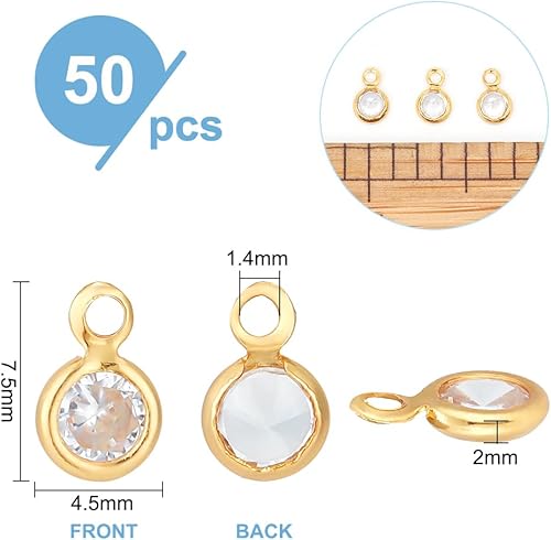 PH PandaHall 50pcs Breloques en Zircone Cubique, 18K Plaqué Or Rond Cristal Charme Pendentifs Laiton Cristal Pendentifs avec Boucles pour Collier Bracelet Boucles D'Oreilles Fabrication de Bijoux - Nail Gallerys
