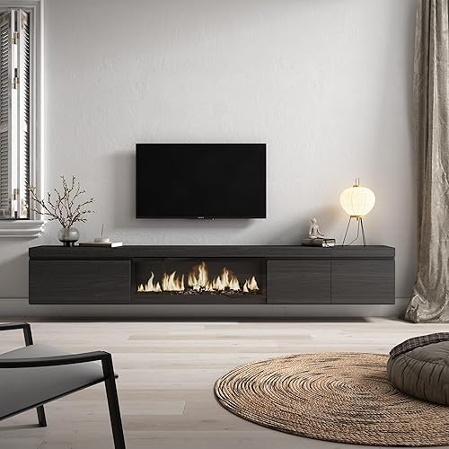 Skraut Home | Meuble TV | Banc Télé | Grand Espace de Rangement | 288x45x35 cm | TV Grand Format | Cheminée électrique XXL | Suspendu, Mural | Style Moderne | Noir - Nail Gallerys