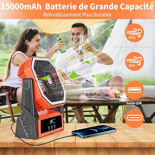 Ventilateur de Camping Ventilateur de Table Batterie Rechargeable 15000mAh Ventilateur de Table USB Silencieux avec LED Minuterie 4 Vitesses Ventilateur Camping Puissant pour Extérieur Intérieur - Nail Gallerys