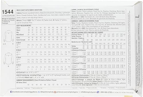 Simplicity 1544 Chemises pour Homme avec Tissu Variations Taille BB Patron de Couture Multicolore. - Nail Gallerys