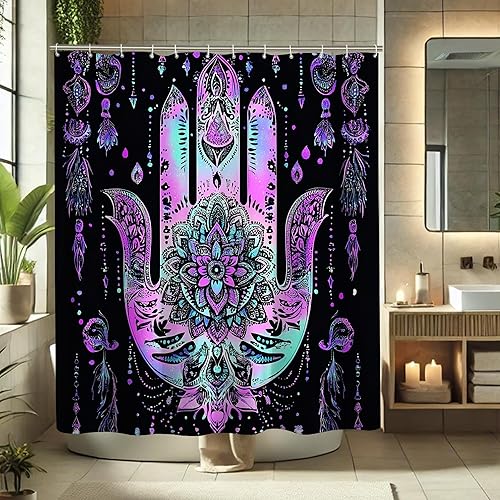 Rideau de douche Hamsa - Violet vif et bleu sarcelle - Décoration de salle de bain - Art bohème chic pour le printemps et l'été - Tissu imperméable avec crochets - 183 x 198 cm - Nail Gallerys