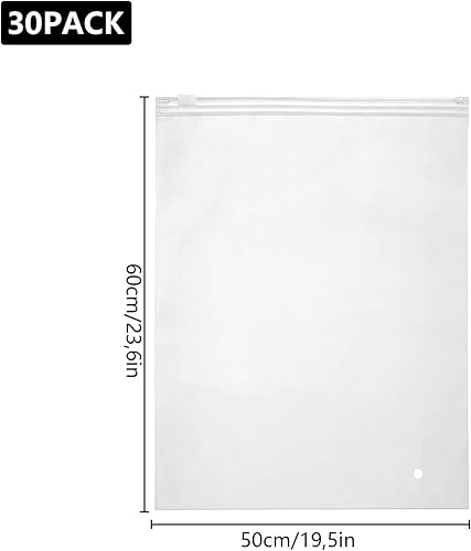 FWEEK Lot de 30 Sac Plastique Grand, 50 x 60 cm Sacs en Plastique Givré, Épaisseur du Film : 70 µm, Grand Sac à Fermeture Coulissante pour Sous, Vêtements, Chaussures, Avec Trous de Ventilation - Nail Gallerys
