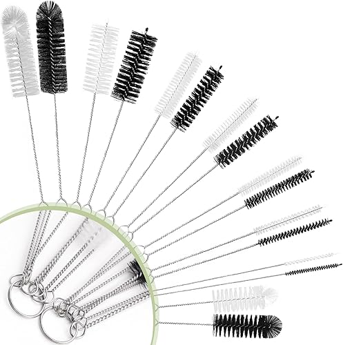 Lot de 16 brosses de nettoyage pour tuyaux, tubes et bouteilles, pour laver les bouteilles d'eau à col étroit, les pots, le bec de la théière, la machine à café, les tubes (blanc et noir) - Nail Gallerys