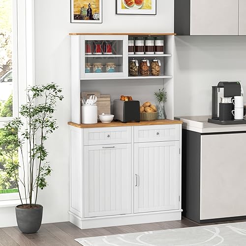 COSTWAY Buffet de Cuisine 2 Tiroirs, Meuble Cuisine avec Plan de Travail en Caoutchouc, Placard de Poubelle 38 L, Meuble Poubelle Rangement, Armoire Cuisine, Vaisselier Bois Blanc - Nail Gallerys