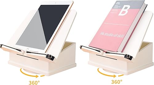 Grand support de livre en bois avec base carrousel - Support de livre réglable avec boîte de rangement et support magnétique - Organisateur de livres en bois rotatif à 360° - Nail Gallerys