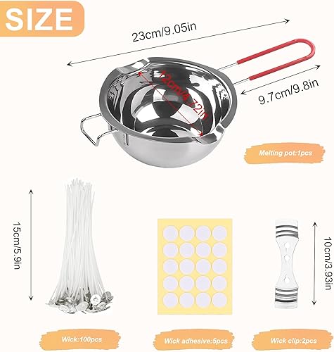 Jortmrd Kit Fabrication Bougie Candle Making Kit de Mèches pour Bougies, 100 Meche Bougie 100 Autocollant Bougie 400ml Bol de Fusion 2 Supports en Métal Mèches - Nail Gallerys