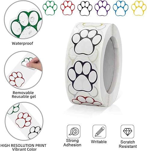 PBAHAUP Autocollant Patte Chien, 2 Rouleaux 1000 Pièces Autocollants d'impression Patte d'animal Compagnie Étiquettes Autocollantes pour Stickers Muraux Patte Colorée Chien Chat Ours - Nail Gallerys