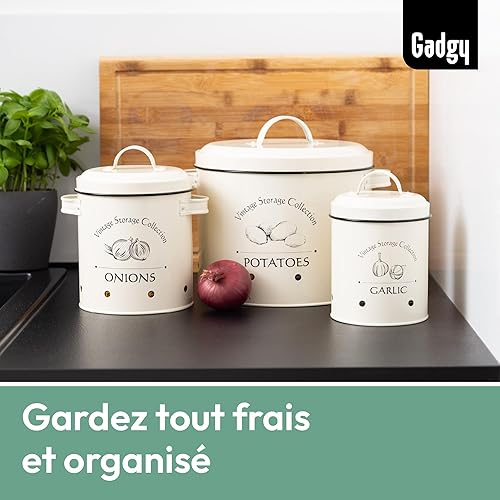 Gadgy Boite Pomme de Terre | Ensemble de 3 Boite Metal Vintage | Rangement Pomme de Terre Oignon | Decoration Cuisine | Range Oignon et Ail | Bac Oignons | Boite de Conservation Pomme de Terre - Nail Gallerys