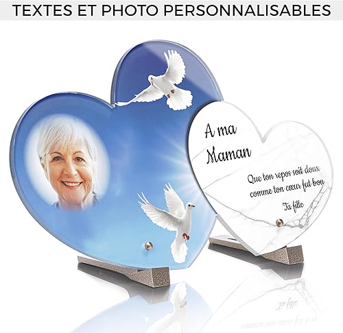 Plaque Funéraire Double Coeur Personnalisée - Colombe - Plaque funéraire Altuglass avec Textes Personnalisables, Photo - Résistante aux Intempéries et Traitée Anti UV (40x23,4 cm (Grand)) - Nail Gallerys