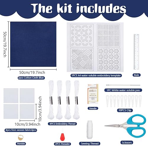 FREEBLOSS Sashiko Kit de 4 sous-verres solubles dans l'eau Kit de broderie complet avec fil Sashiko, aiguilles et dessous-de-verre en tissu pour adultes amateurs de broderie - Nail Gallerys