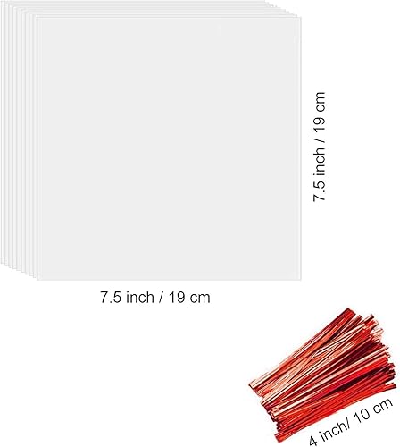 Cinvo Lot de 120 feuilles de cellophane transparent avec attaches torsadées colorées en plastique transparent pour loisirs créatifs, projets et friandises (transparent, 19,1 x 19,1 cm) - Nail Gallerys