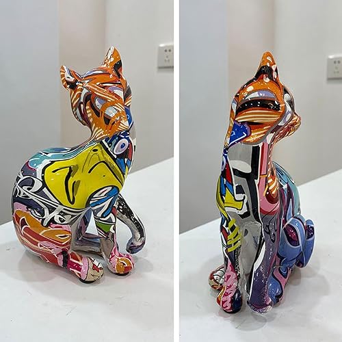 Graffiti Peinture Chat Statue Colorée en Résine - Sculpture Animale Ornementale - Décor À La Maison - Cadeau pour Amoureux des Chats - Nail Gallerys
