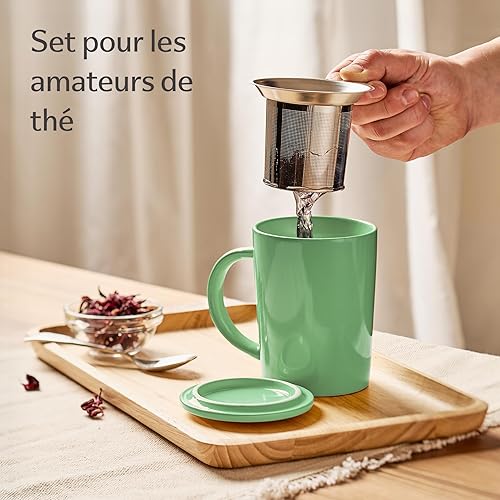 Tasse à Thé avec Infuseur et Couvercle 400ml Grand - Céramique - Reste Chaud Longtemps - Turquoise - Nail Gallerys