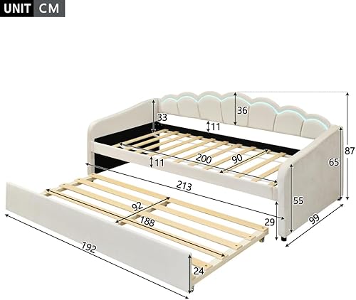 Seyakany Canapé lit 2 Places Convertible 90x200 cm avec LED,Lit de Repos avec lit gigogne 180x200 cm,(sans Matelas),Velours,Bande LED Changeante de Couleur,Rose (sans Matelas) - Nail Gallerys