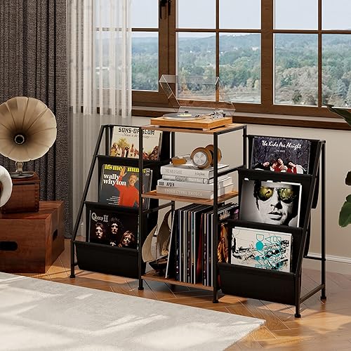 VEDECASA Bibliothèque Table d'appoint avec étagère à 3 étages en vinyle Table d'appoint pour le salon Support de disques avec lecteur vinyle pour jusqu'à 200 albums - Nail Gallerys