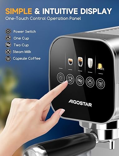 Aigostar Barista - Machine à café Expresso et Cappuccino, Compatible avec capsules et café moulu, 20 Bars, Écran Tactile Digital, 1 ou 2 tasses, Cafetiere avec mousseur à lait, 0,9 L, 1350 W, Inox - Nail Gallerys
