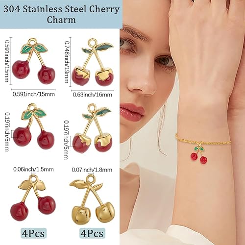 Beebeecraft 1 boîte de 8 Breloques Cerises Rouges de 2 Styles 304 s Breloques Fruits 3D en Acier Inoxydable Émaillé avec Boucle pour la Fabrication de Bijoux Colliers Boucles d'oreilles Bracelets - Nail Gallerys