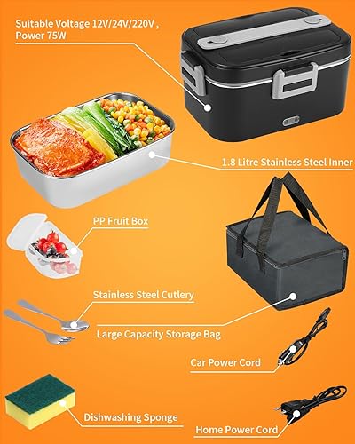 SOBEAU Gamelle Chauffante 75W, Lunch Box Chauffante Electrique, 12V/24V/220V Boite Chauffante Repas avec 1,8 L Gamelle Isotherme, Boite Repas pour Voiture, Camion Bureau, Gamelle, Noir - Nail Gallerys
