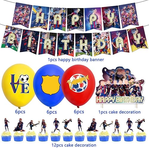 XNAUVOI 32 Pcs Barce-lona Ballon Anniversaire d'Enfant, Décoration de Fête d'Anniversaire Football - Bannière, Ballon, Décoration de Gâteau, Cupcake Top pour les Enfants Fans de Football - Nail Gallerys